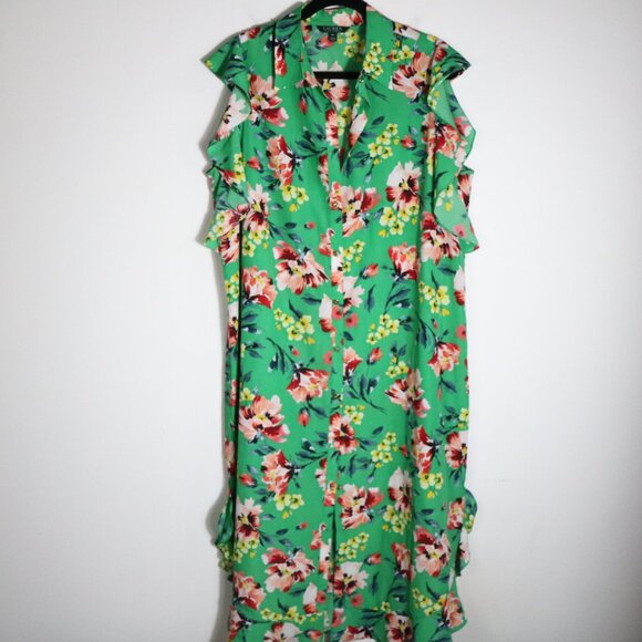 Lauren Ralph Lauren Green Floral Ruffle Tie Waist Midi Dress 16W Button Front - Picture 2 of 6